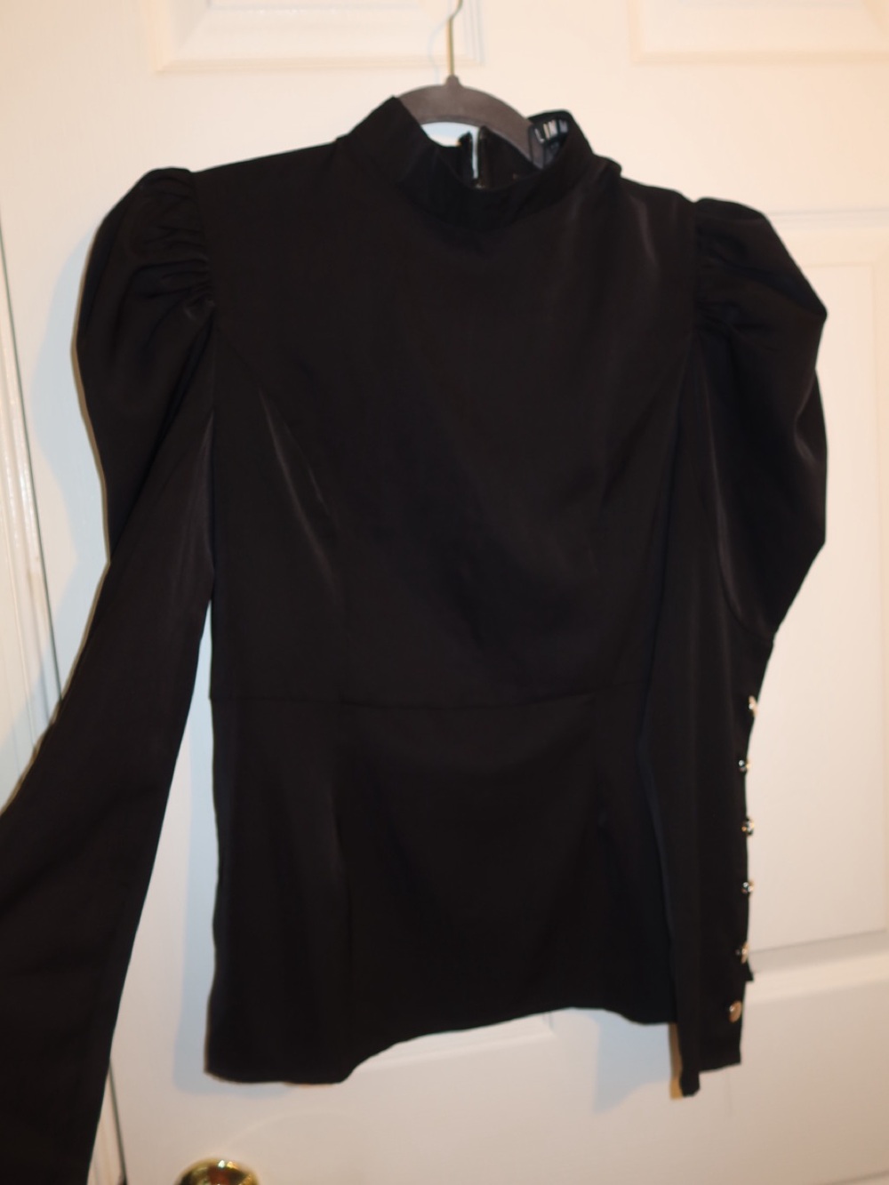 ASOS Black Puff Shoulder Mock Neck Blouse with Button-Cuff Detail